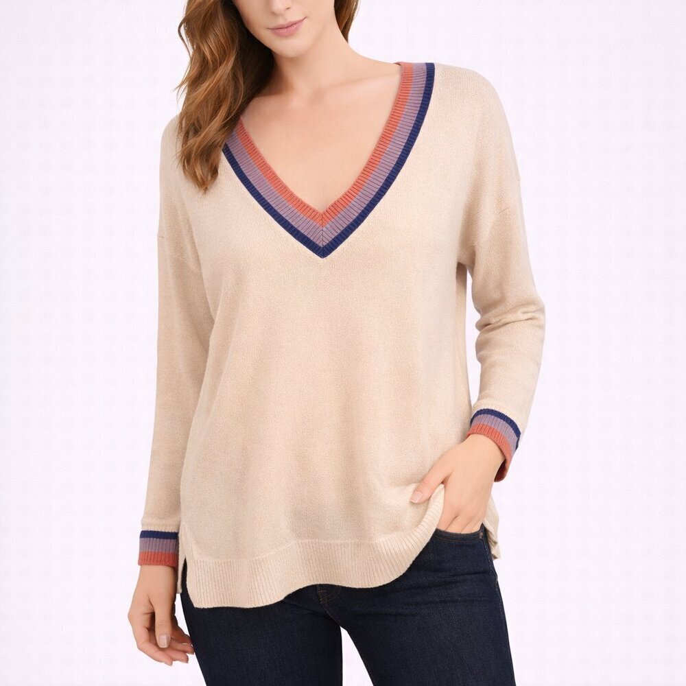 Anthropologie Saturday Sunday V Neck Sweater S Cream Trim Tunic